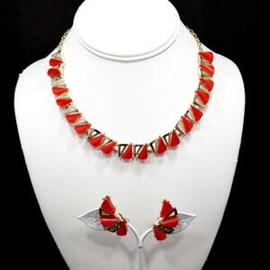 Vintage Red Thermoset Necklace Earring Set Mid Century Gold Tone